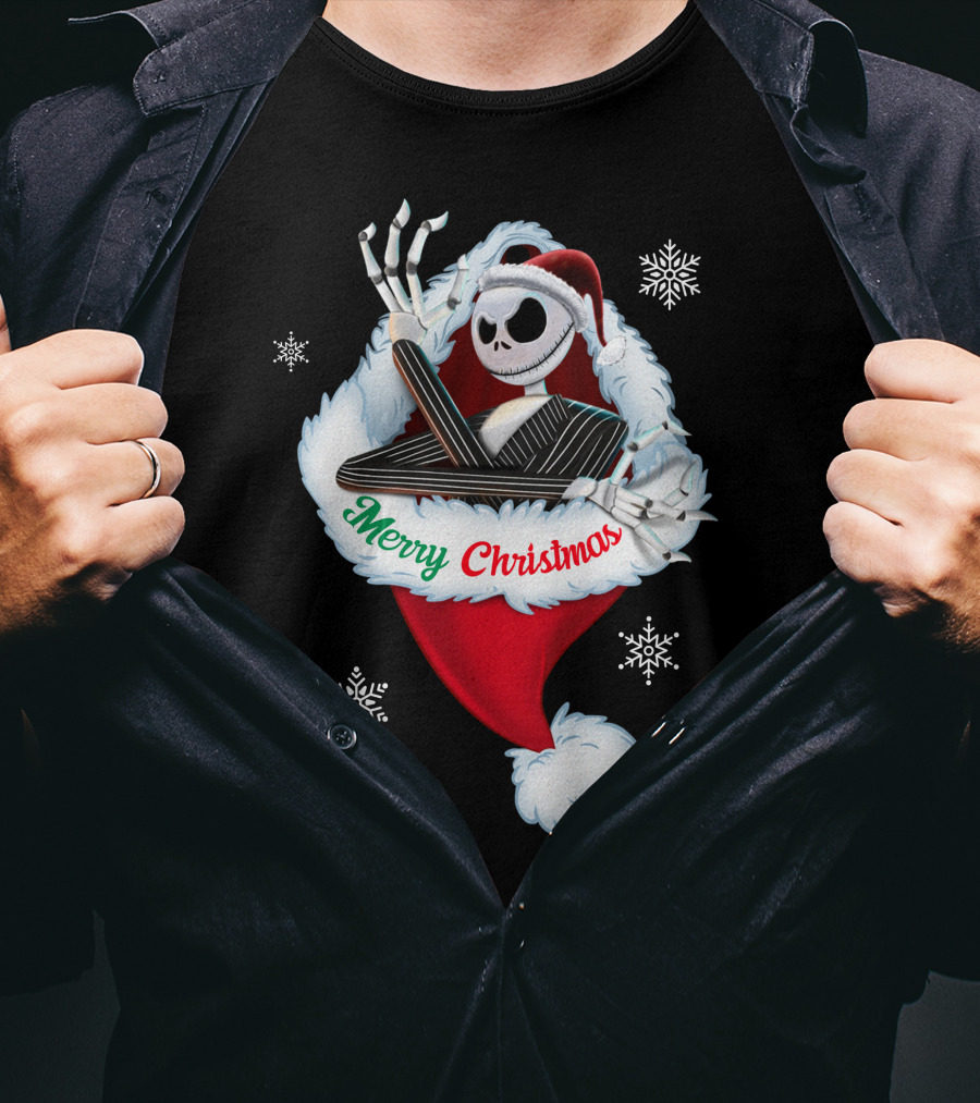 Jack Skellington Merry Christmas Santa Hat Snowflakes T-Shirt
