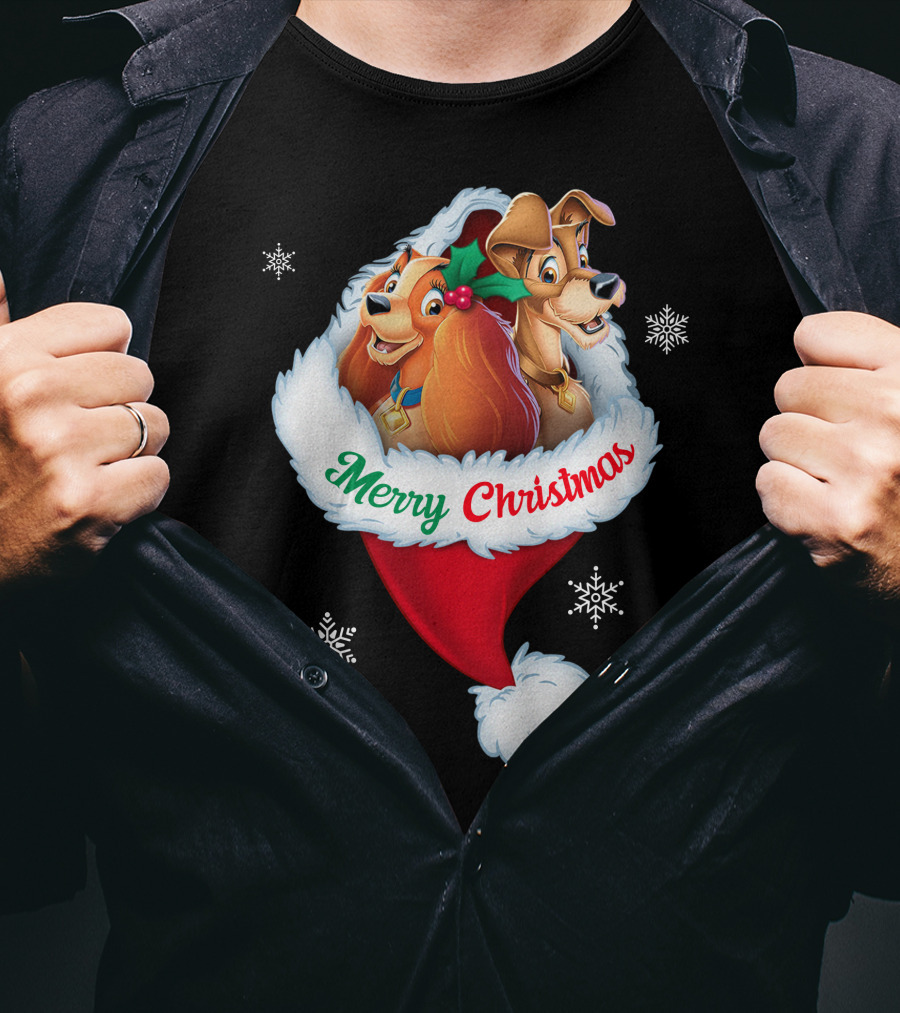 Merry Christmas Lady And The Tramp Holiday Santa Hat Snowflakes T-Shirt