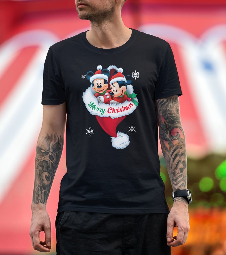 Merry Christmas Mickey Minnie Santa Hat Snowflakes T-Shirt