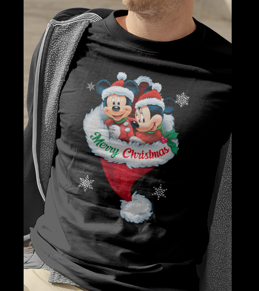 Merry Christmas Mickey Minnie Santa Hat Snowflakes T-Shirt