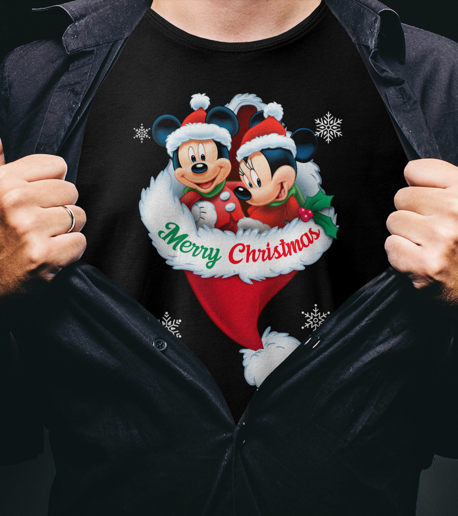 Merry Christmas Mickey Minnie Santa Hat Snowflakes T-Shirt