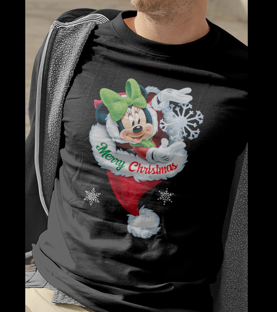 Minnie Mouse Merry Christmas Santa Hat Snowflakes T-Shirt