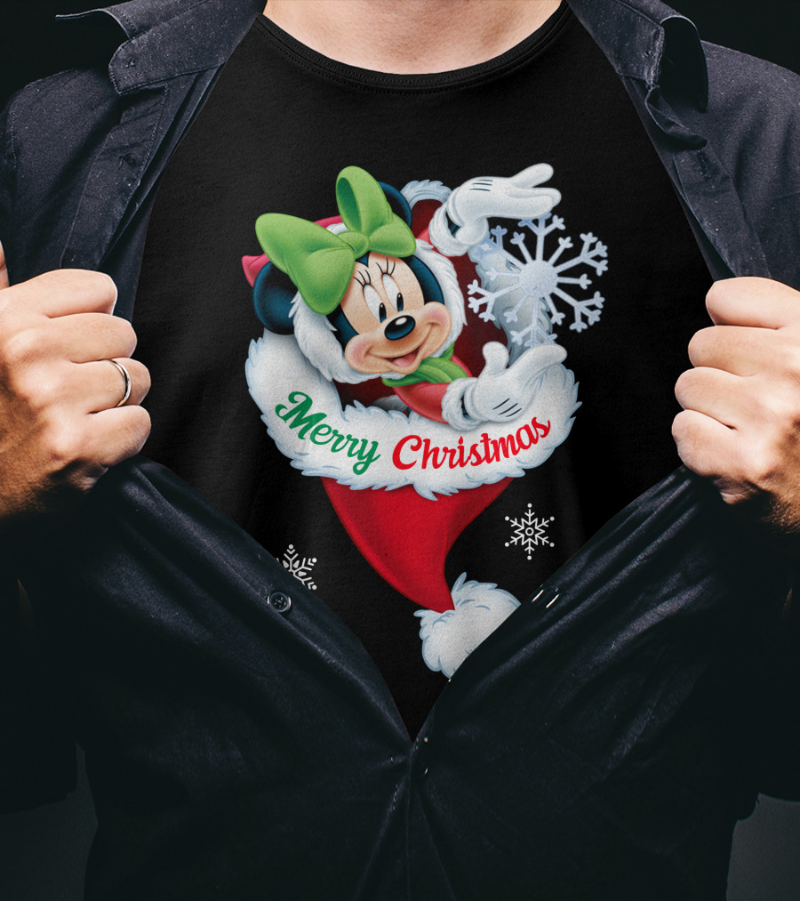 Minnie Mouse Merry Christmas Santa Hat Snowflakes T-Shirt