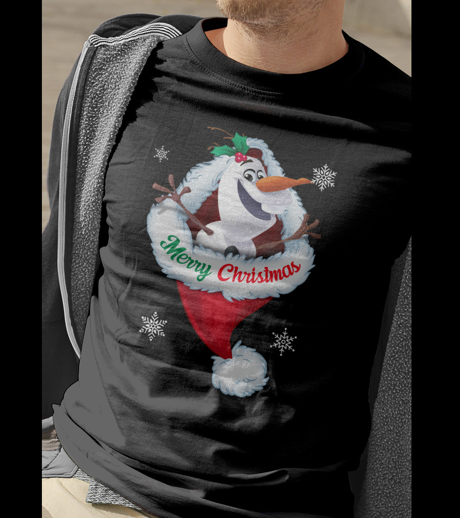 Olaf Merry Christmas Santa Hat With Snowflakes T-Shirt