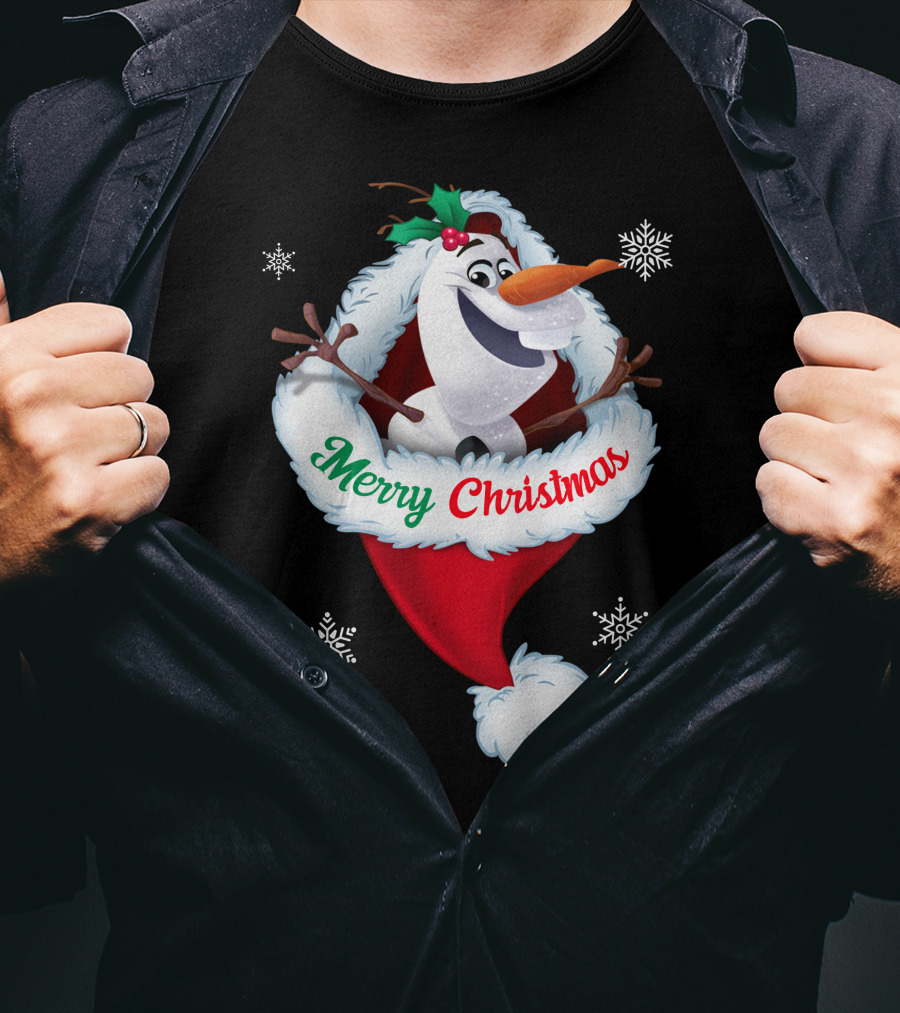 Olaf Merry Christmas Santa Hat With Snowflakes T-Shirt