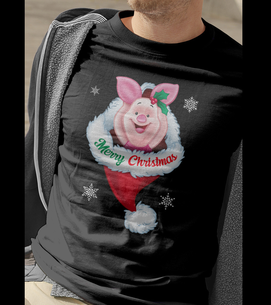 Piglet Merry Christmas Holiday Santa Hat Snowflakes T-Shirt