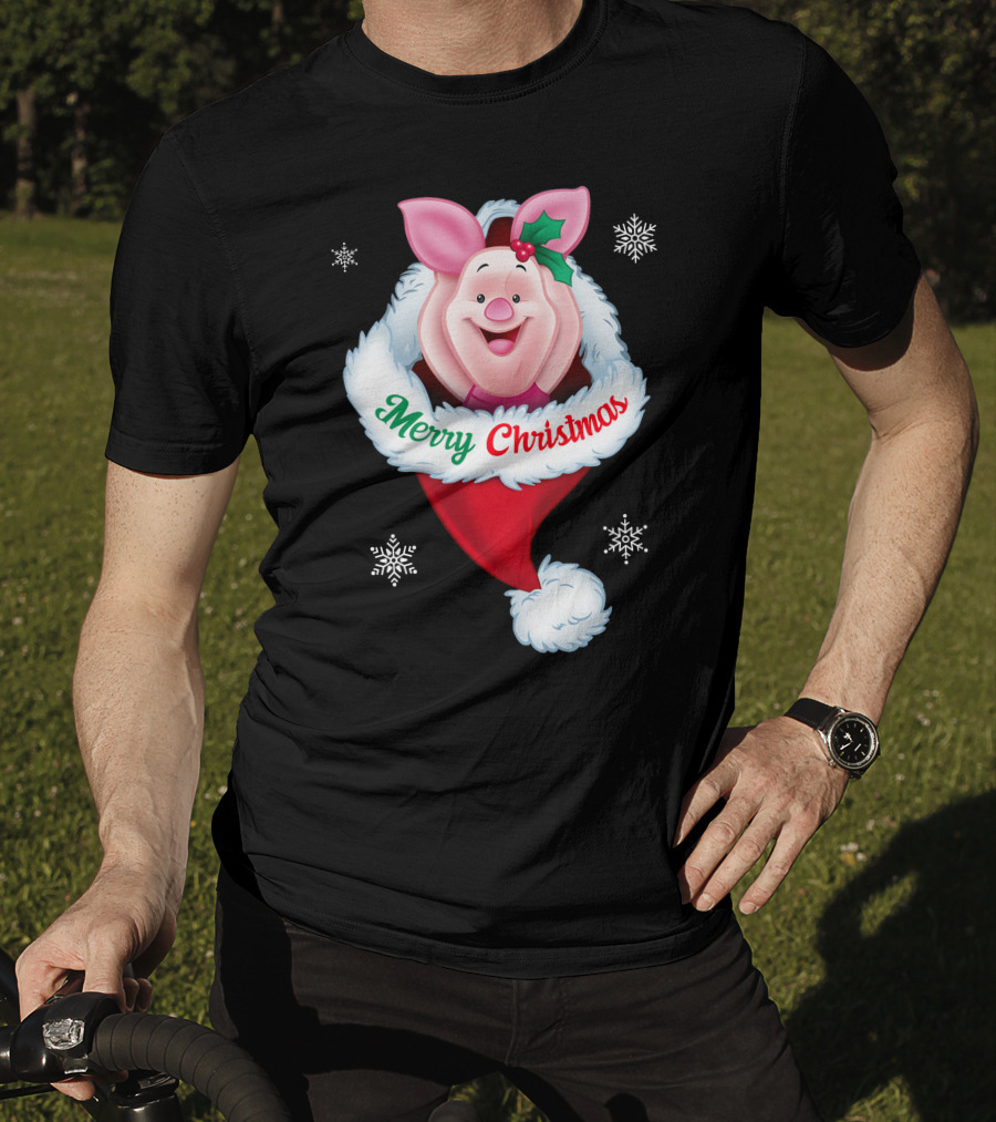 Piglet Merry Christmas Holiday Santa Hat Snowflakes T-Shirt