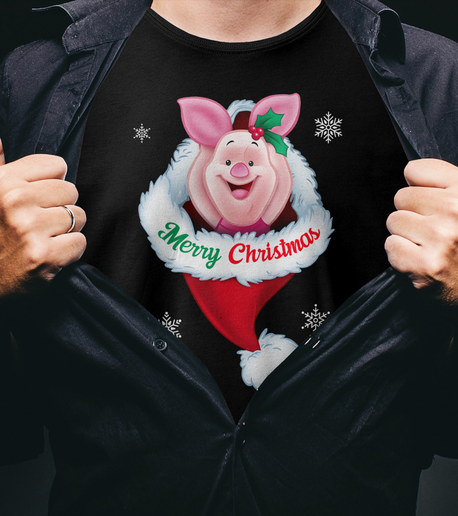 Piglet Merry Christmas Holiday Santa Hat Snowflakes T-Shirt