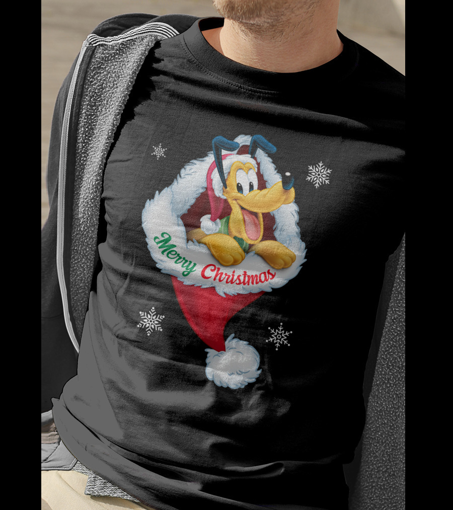 Merry Christmas Pluto Santa Hat Snowflakes T-Shirt