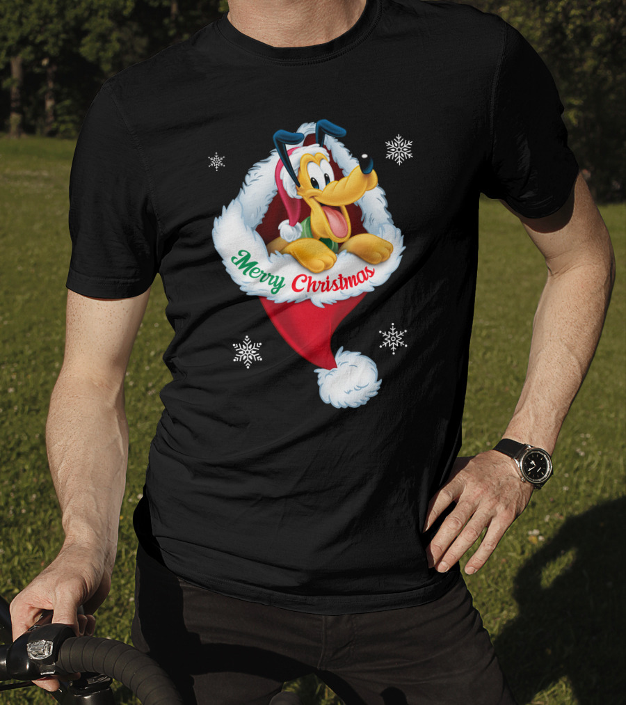 Merry Christmas Pluto Santa Hat Snowflakes T-Shirt