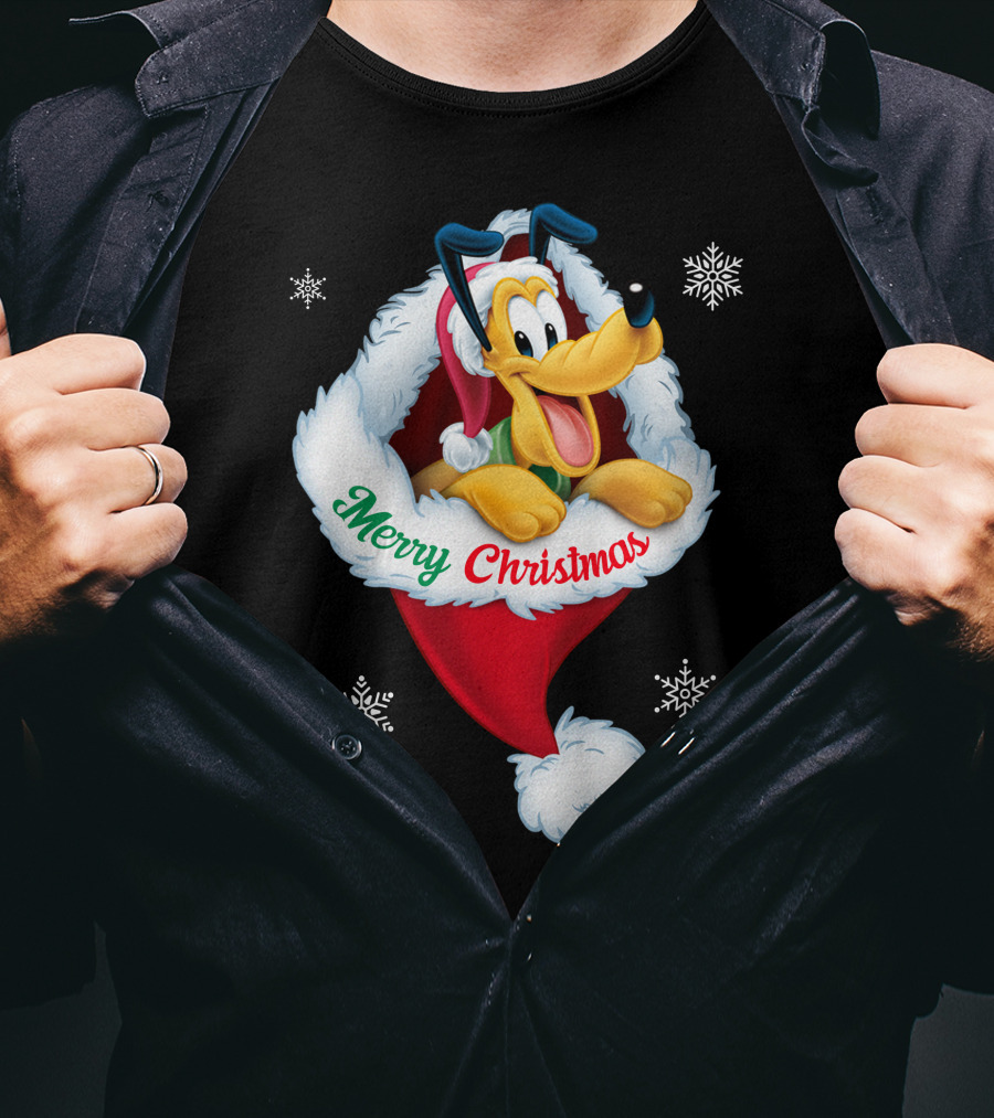 Merry Christmas Pluto Santa Hat Snowflakes T-Shirt