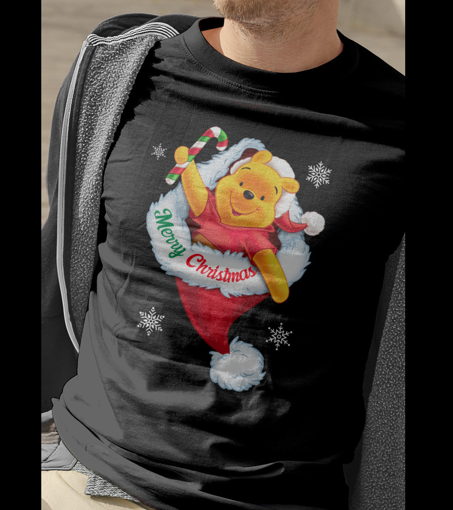 Winnie The Pooh Merry Christmas Santa Hat Candy Cane T-Shirt