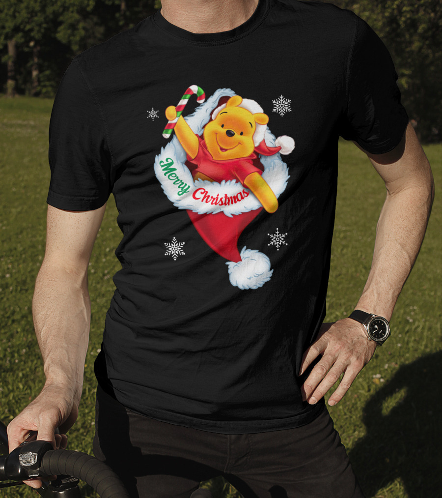 Winnie The Pooh Merry Christmas Santa Hat Candy Cane T-Shirt