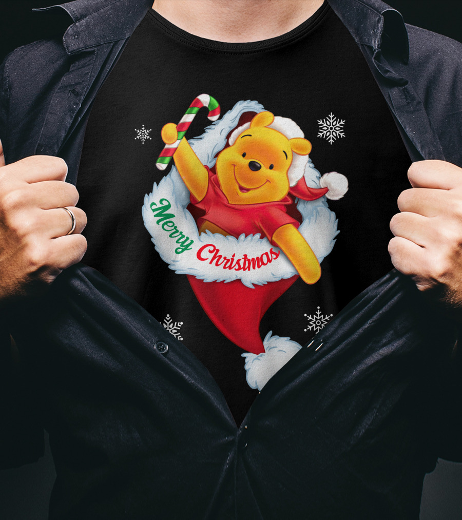 Winnie The Pooh Merry Christmas Santa Hat Candy Cane T-Shirt