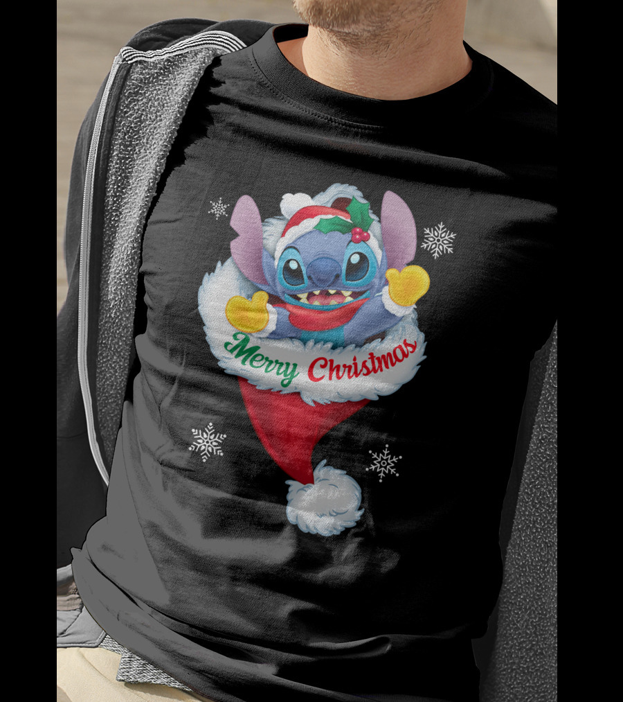 Merry Christmas Stitch Santa Hat Snowflakes T-Shirt