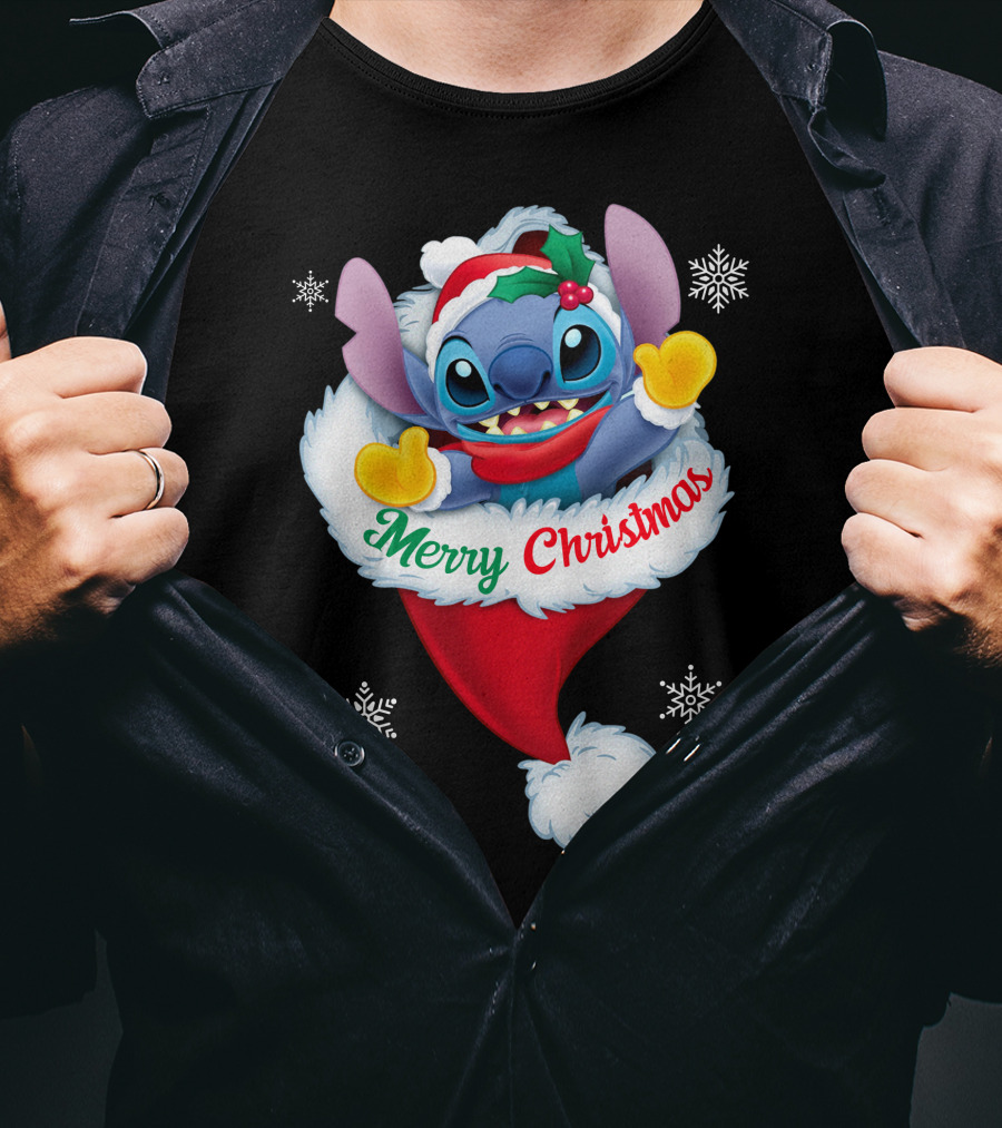 Merry Christmas Stitch Santa Hat Snowflakes T-Shirt