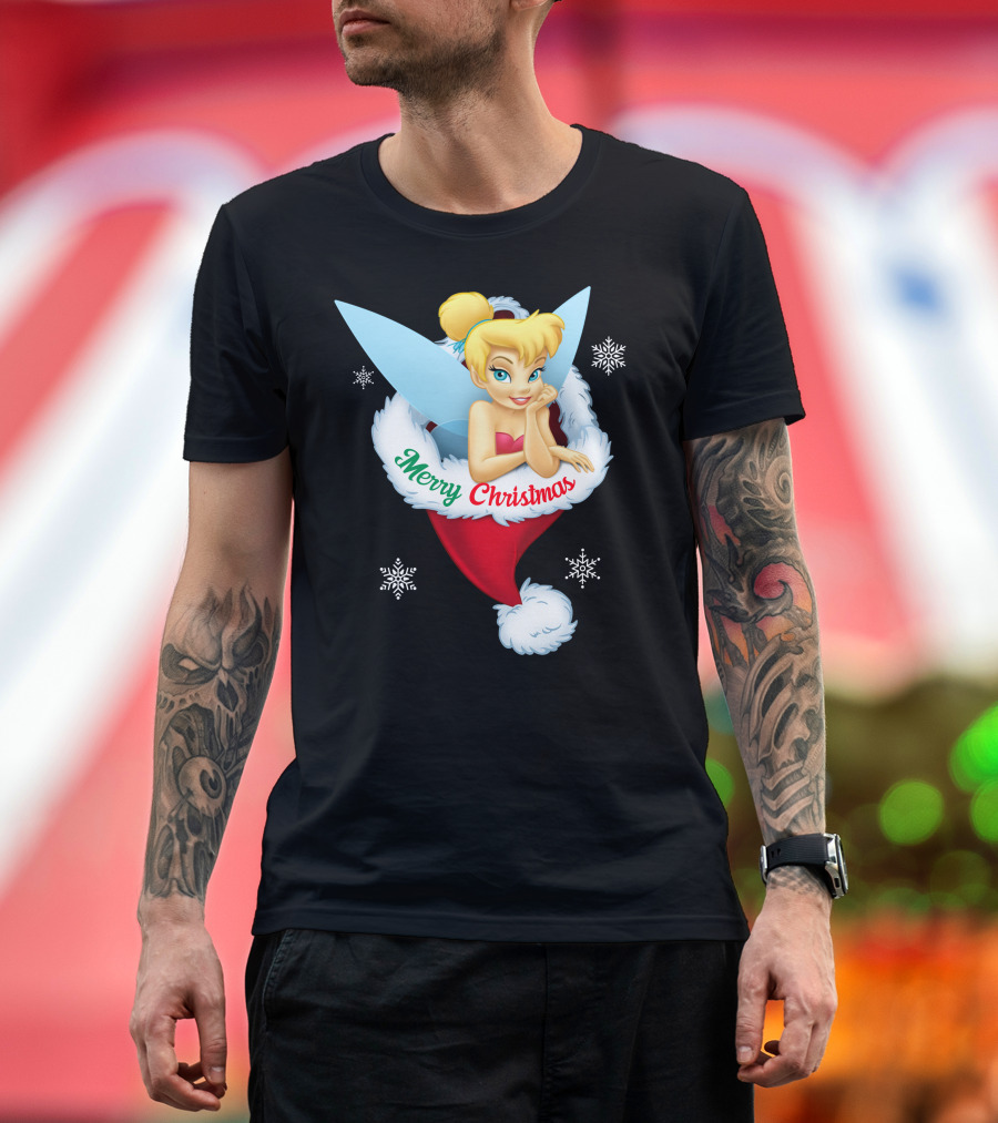 Tinkerbell Merry Christmas Santa Hat Snowflakes T-Shirt