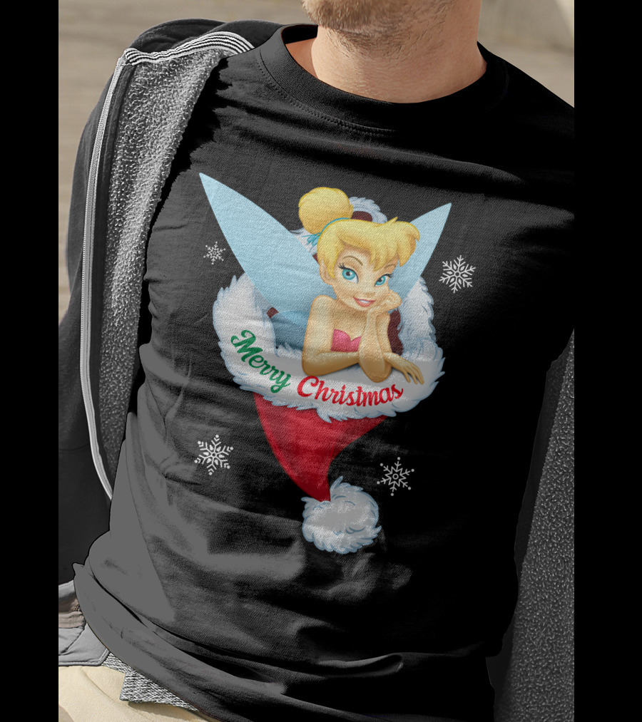 Tinkerbell Merry Christmas Santa Hat Snowflakes T-Shirt