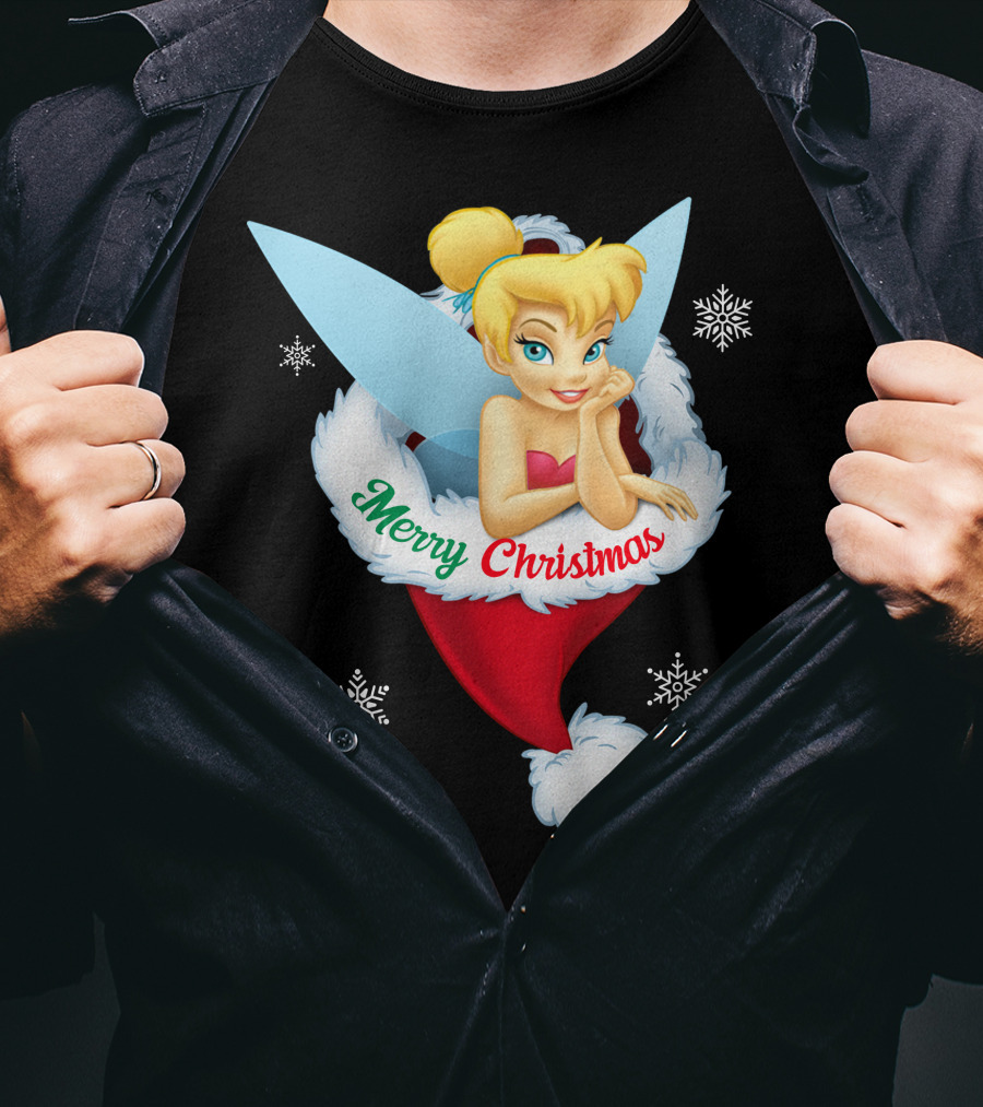 Tinkerbell Merry Christmas Santa Hat Snowflakes T-Shirt