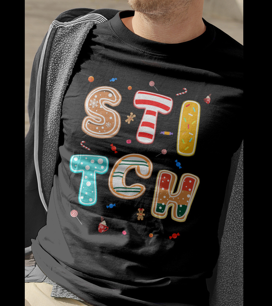 Stitch Gingerbread Candy Cane Christmas Letters T-Shirt