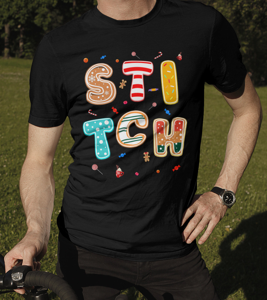 Stitch Gingerbread Candy Cane Christmas Letters T-Shirt