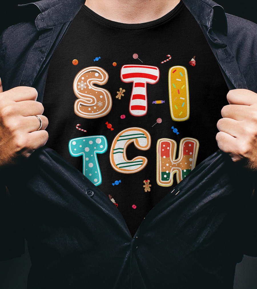 Stitch Gingerbread Candy Cane Christmas Letters T-Shirt