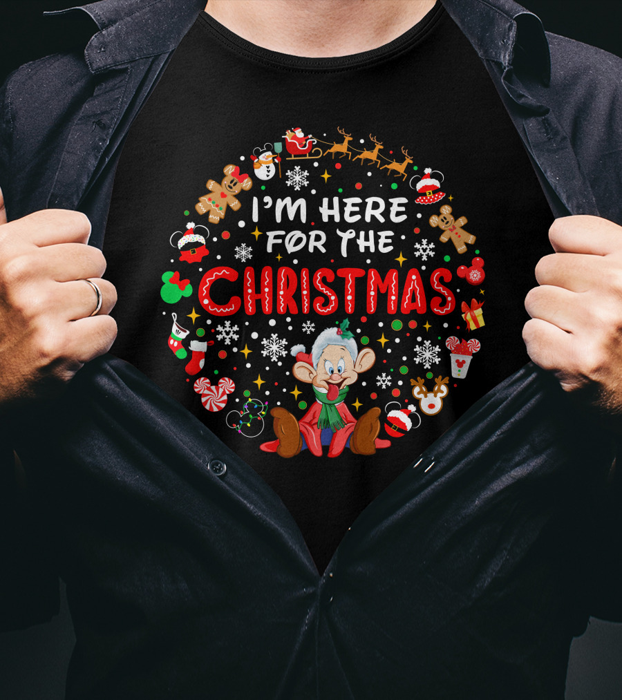 I'm Here For The Christmas Dopey Reindeer Snowflakes Gingerbread Santa Hat Fun T-Shirt