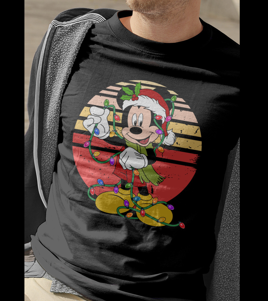 Mickey Christmas Lights Santa Hat Retro Holiday T-Shirt