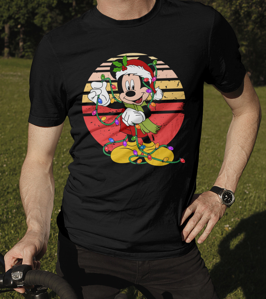 Mickey Christmas Lights Santa Hat Retro Holiday T-Shirt