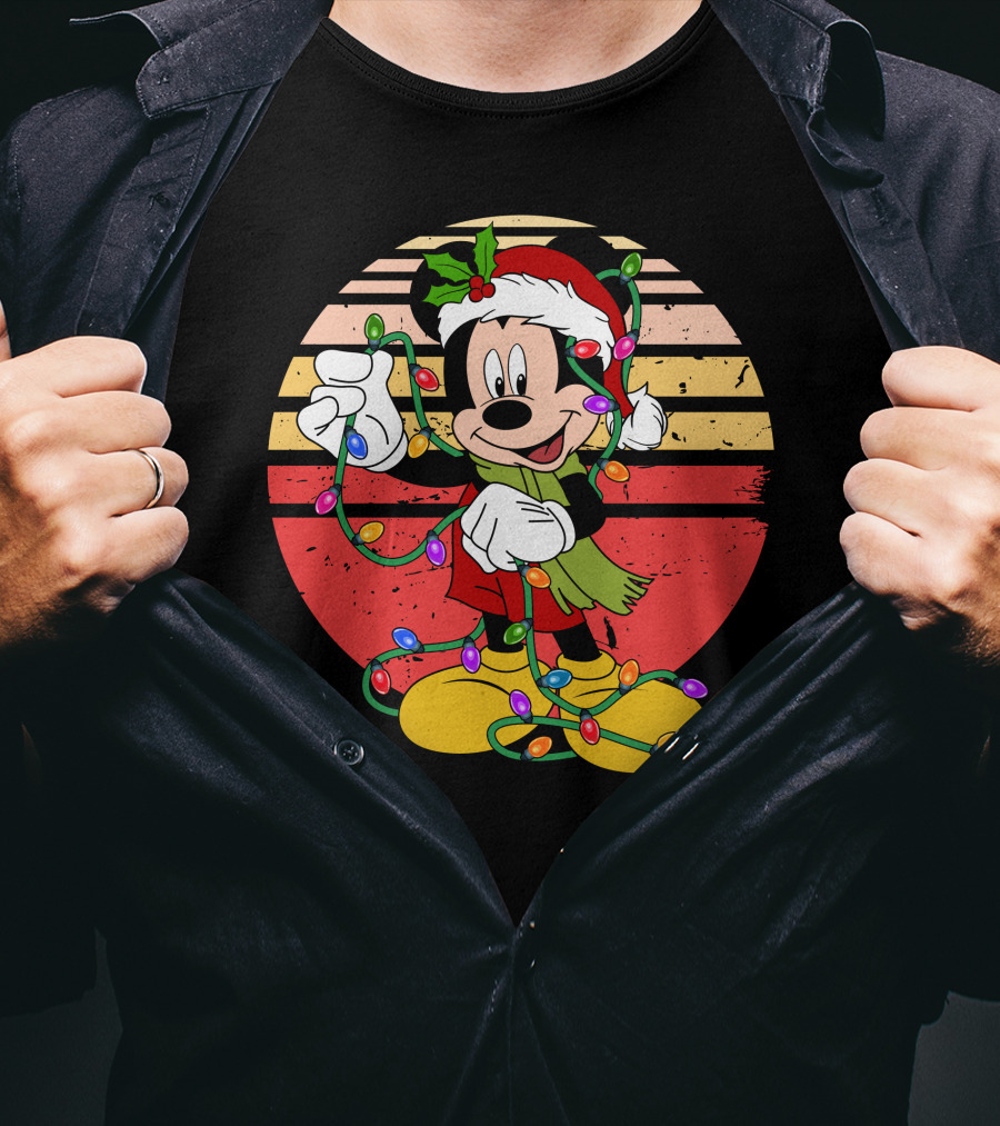 Mickey Christmas Lights Santa Hat Retro Holiday T-Shirt