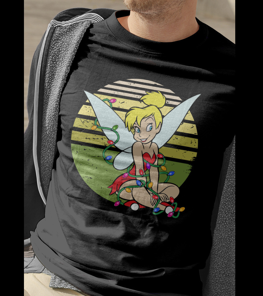 Tinkerbell Wrapped In Christmas Lights Sitting With Retro T-Shirt
