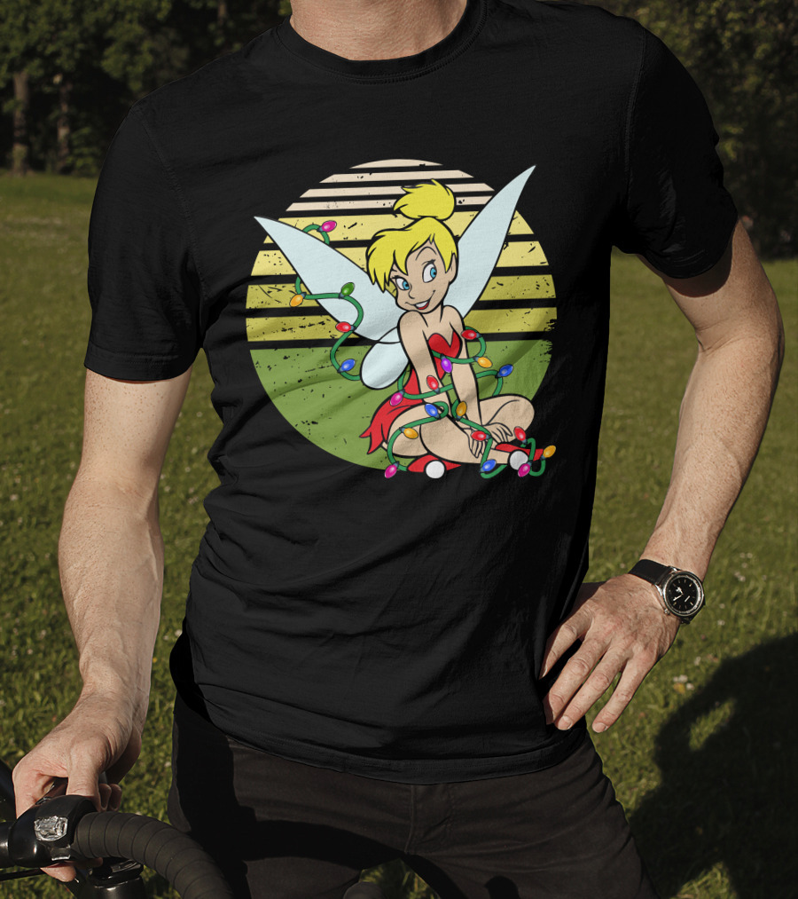 Tinkerbell Wrapped In Christmas Lights Sitting With Retro T-Shirt