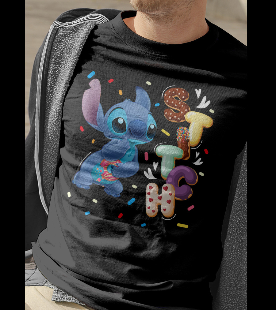 Stitch Donut Letter Sprinkles And Cute Blue Alien Character T-Shirt