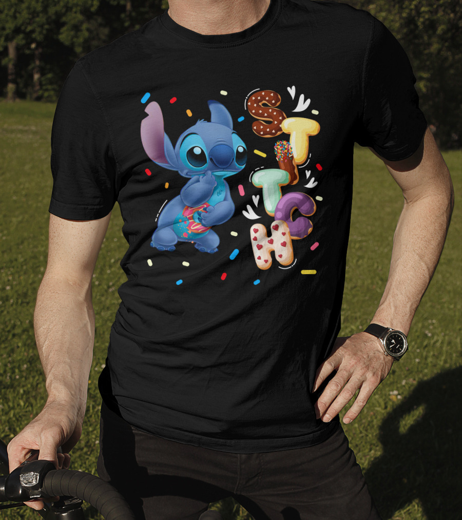 Stitch Donut Letter Sprinkles And Cute Blue Alien Character T-Shirt