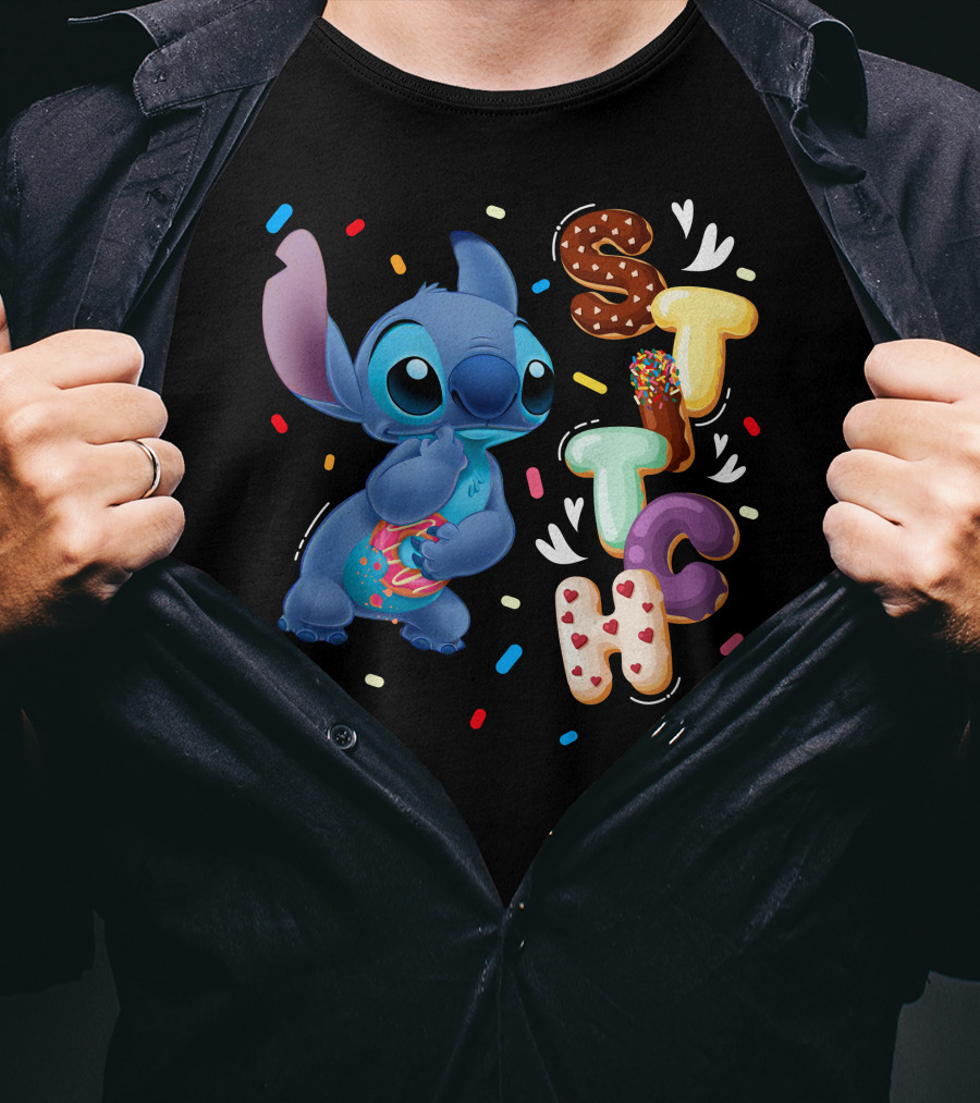 Stitch Donut Letter Sprinkles And Cute Blue Alien Character T-Shirt