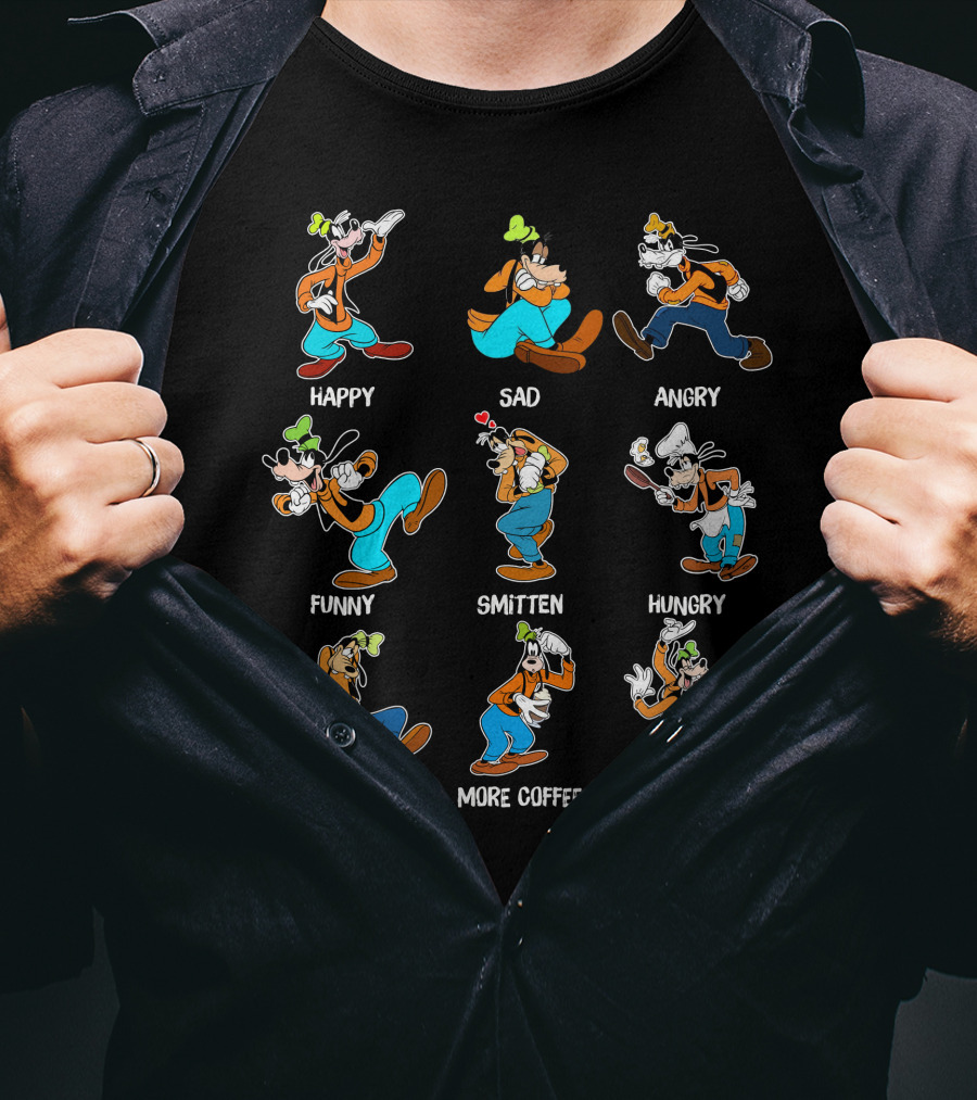 Goofy Happy Sad Angry Funny Smitten Hungry Tired More Coffee Cheerful Moods T-Shirt