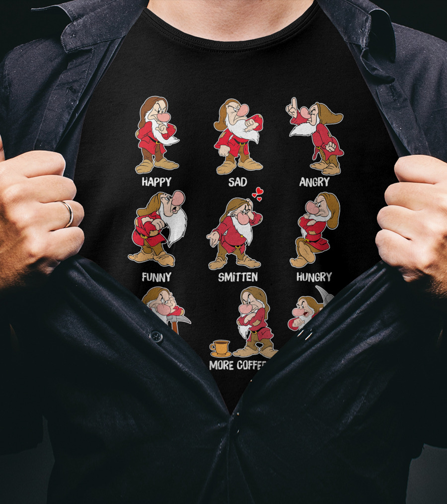 Happy Sad Angry Funny Smitten Hungry Tired More Coffee Cheerful Moods T-Shirt