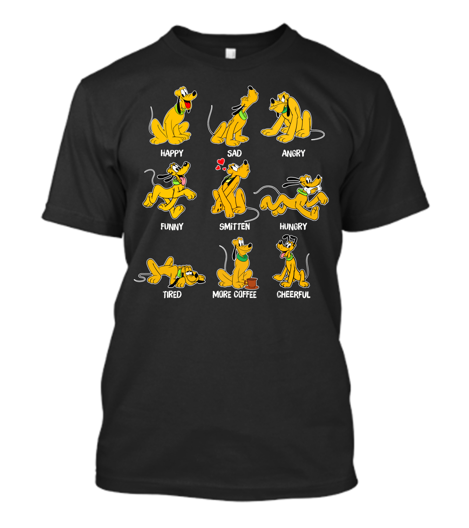 Pluto Moods Happy Sad Angry Funny Smitten Hungry Tired More Coffee Cheerful T-Shirt