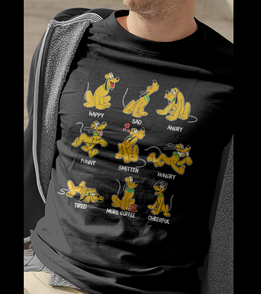Pluto Moods Happy Sad Angry Funny Smitten Hungry Tired More Coffee Cheerful T-Shirt
