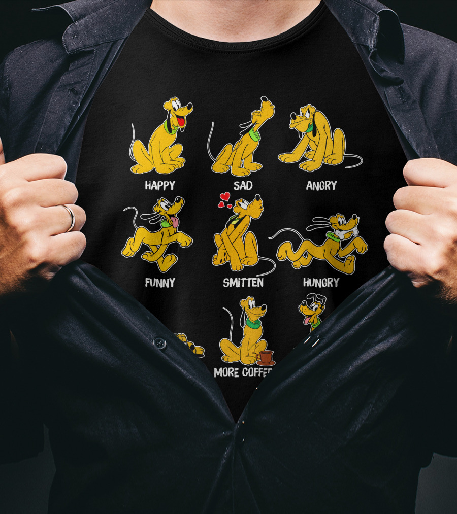 Pluto Moods Happy Sad Angry Funny Smitten Hungry Tired More Coffee Cheerful T-Shirt