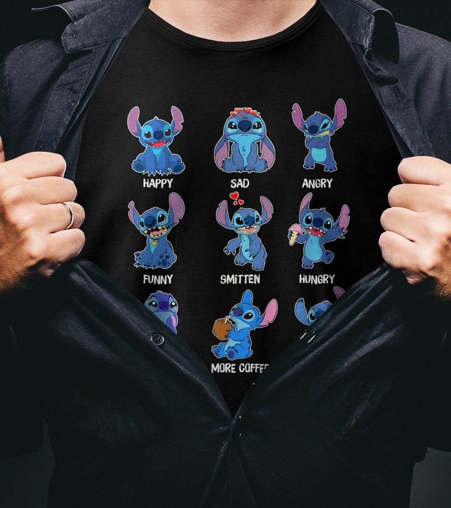 Stitch Moods Happy Sad Angry Funny Smitten Hungry Tired More Coffee Cheerful T-Shirt