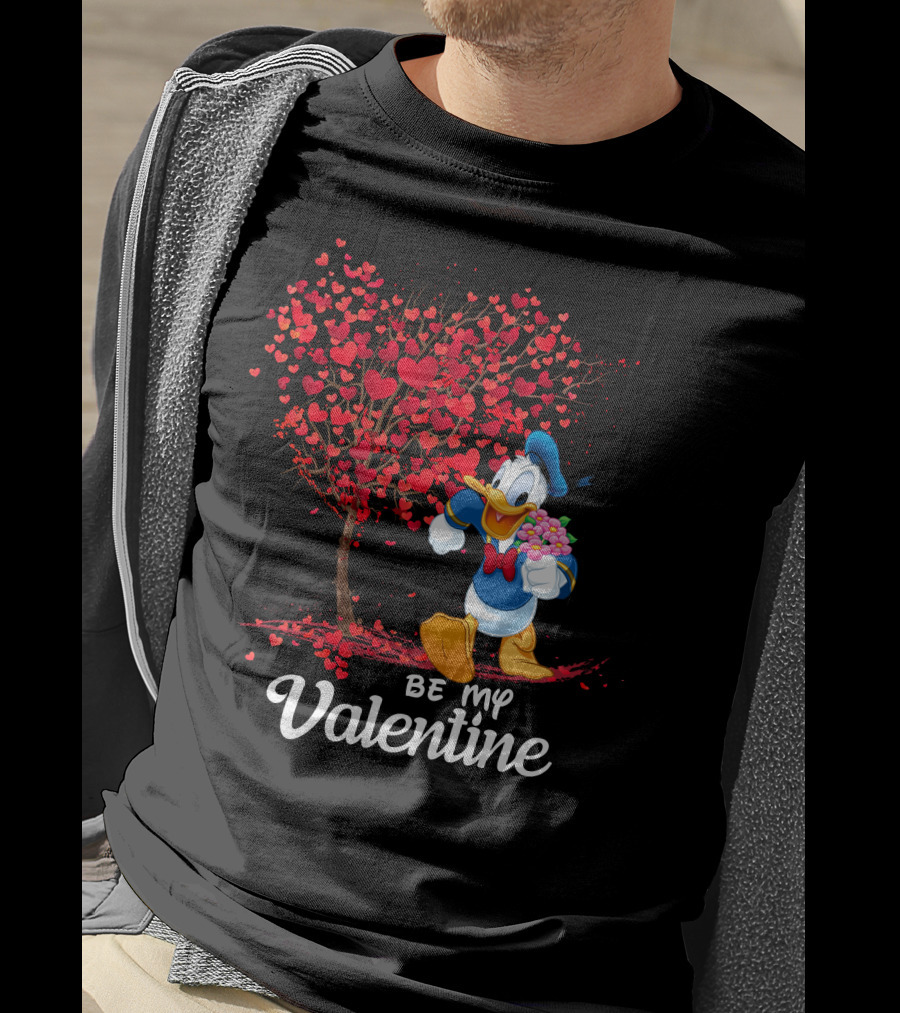 Be My Valentine Donald Duck Holding Flowers And Heart Tree T-Shirt
