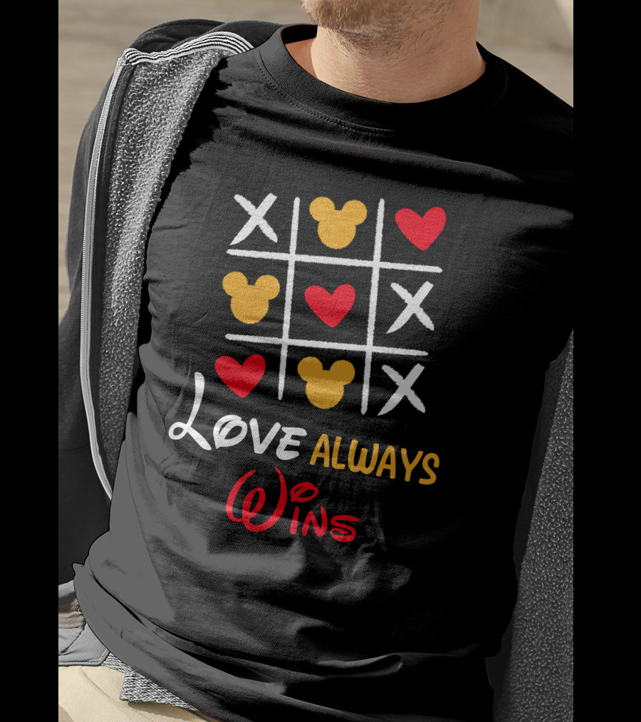 LOVE ALWAYS WINS Tic Tac Toe Hearts Mickey Ears T-Shirt