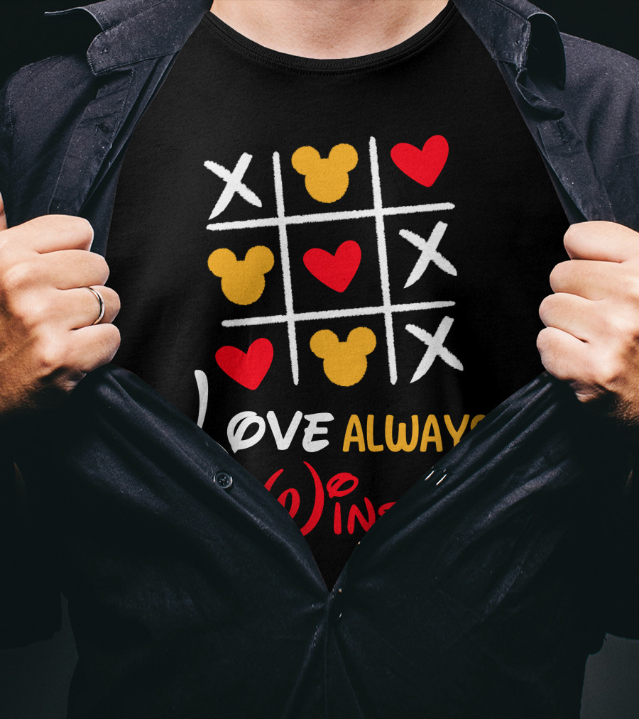 LOVE ALWAYS WINS Tic Tac Toe Hearts Mickey Ears T-Shirt