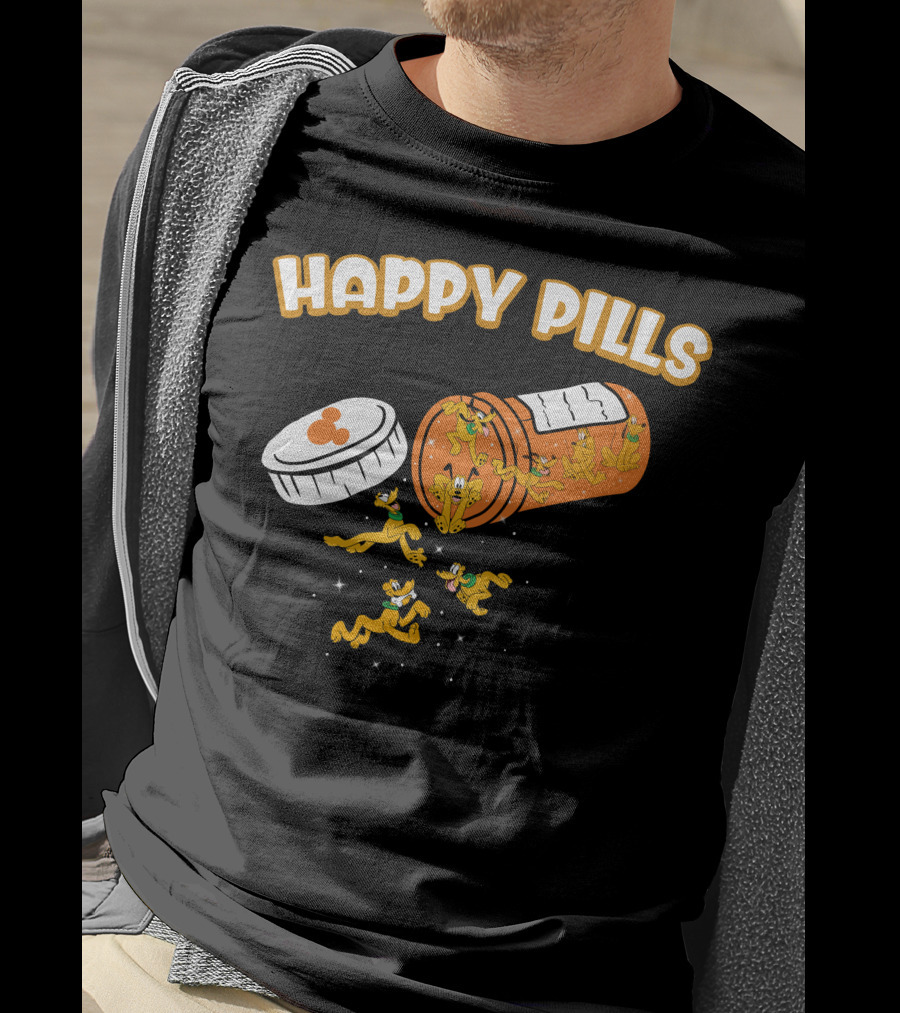 HAPPY PILLS Pluto Characters In Orange Pill Bottle T-Shirt