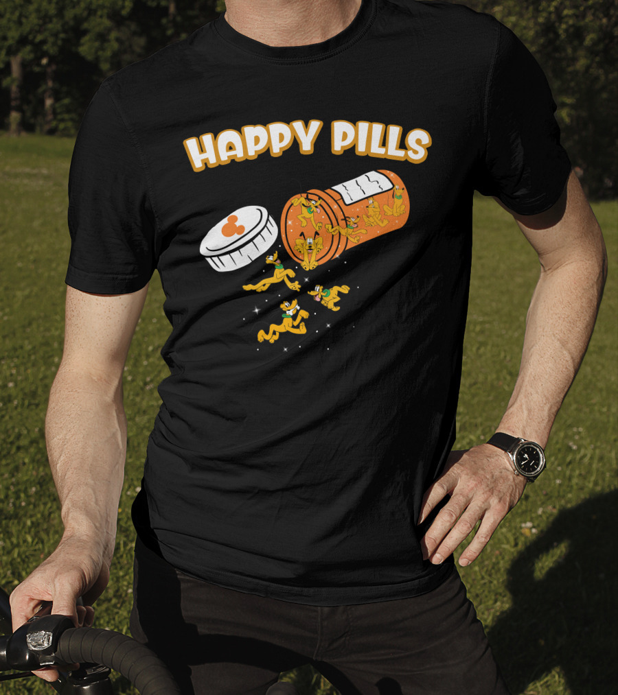 HAPPY PILLS Pluto Characters In Orange Pill Bottle T-Shirt