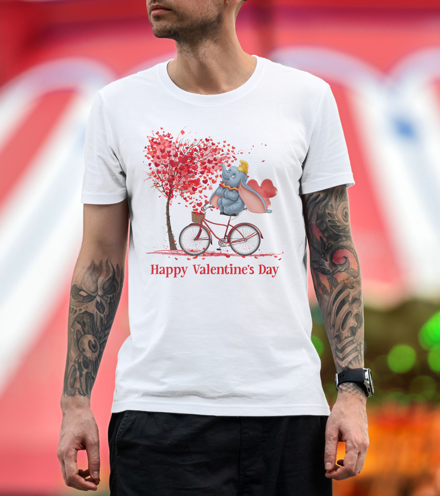 Happy Valentine's Day Dumbo with Hearts Bicycle T-Shirt