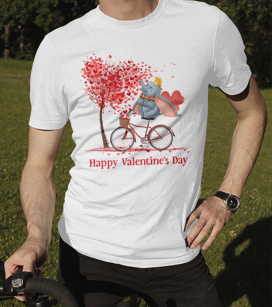 Happy Valentine's Day Dumbo With Hearts Bicycle T-Shirt