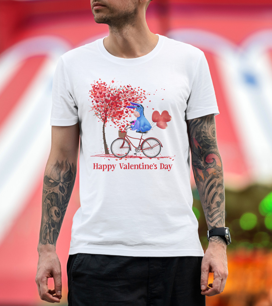 Happy Valentine's Day Eeyore On Bicycle With Heart Balloons And Tree Of Hearts T-Shirt