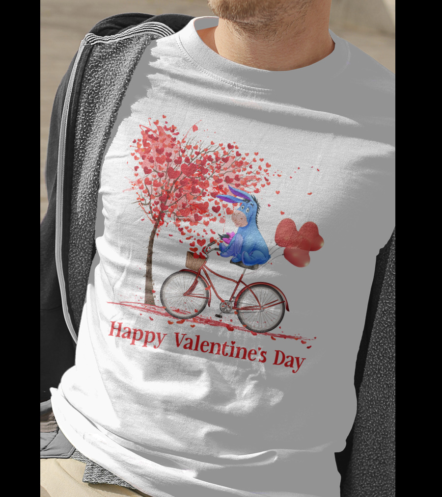 Happy Valentine's Day Eeyore On Bicycle With Heart Balloons And Tree Of Hearts T-Shirt
